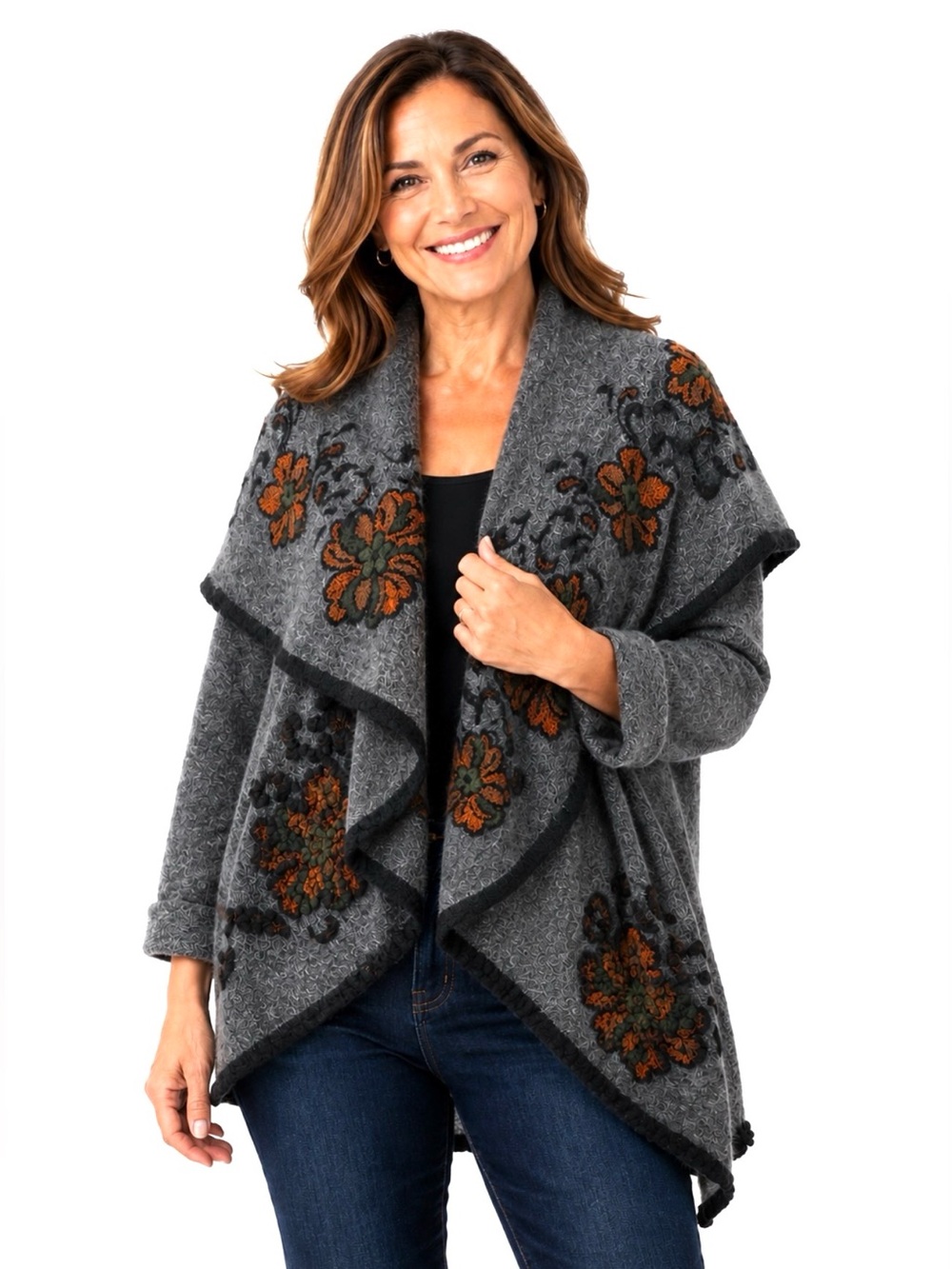 Wool Blend Floral Open-Front Sweater